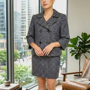 Blacker Skirt Suit Set Womens 16 Blue Black Houndstooth Blazer Jacket Skirt